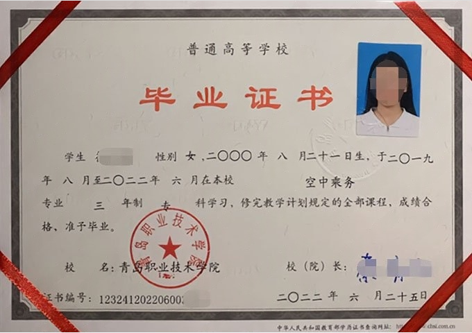 驻马店青岛职业技术学院毕业证样本图片